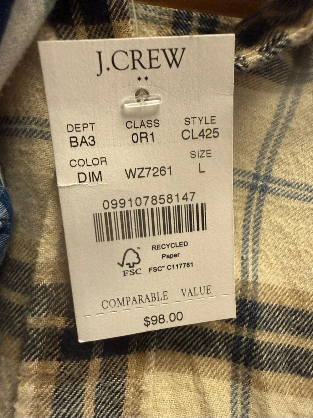 NWT J. Crew Brushed Twill Button-Down Shirt in Deep Indigo/Cream Plaid